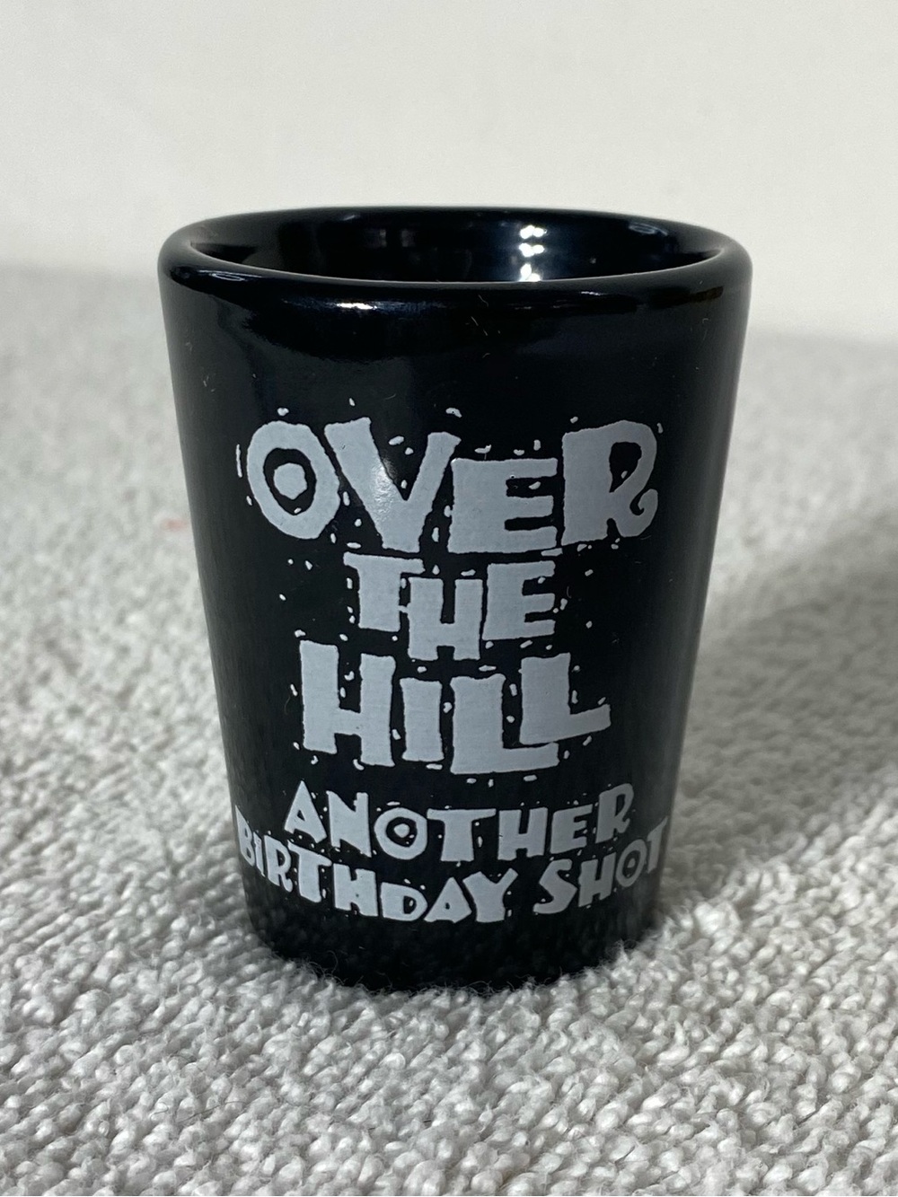 5/$35 Vintage Over The Hill Black Glass Shot Glass